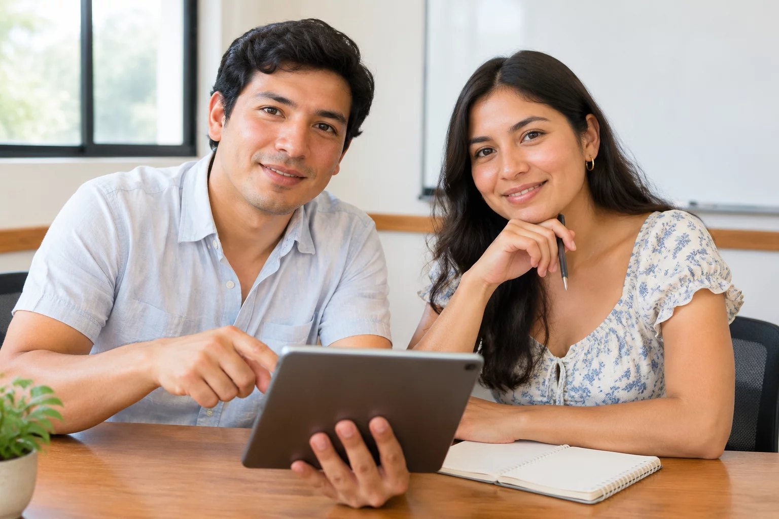 Dos colegas releyendo apuntes en una tablet apoyada en una mesa de madera