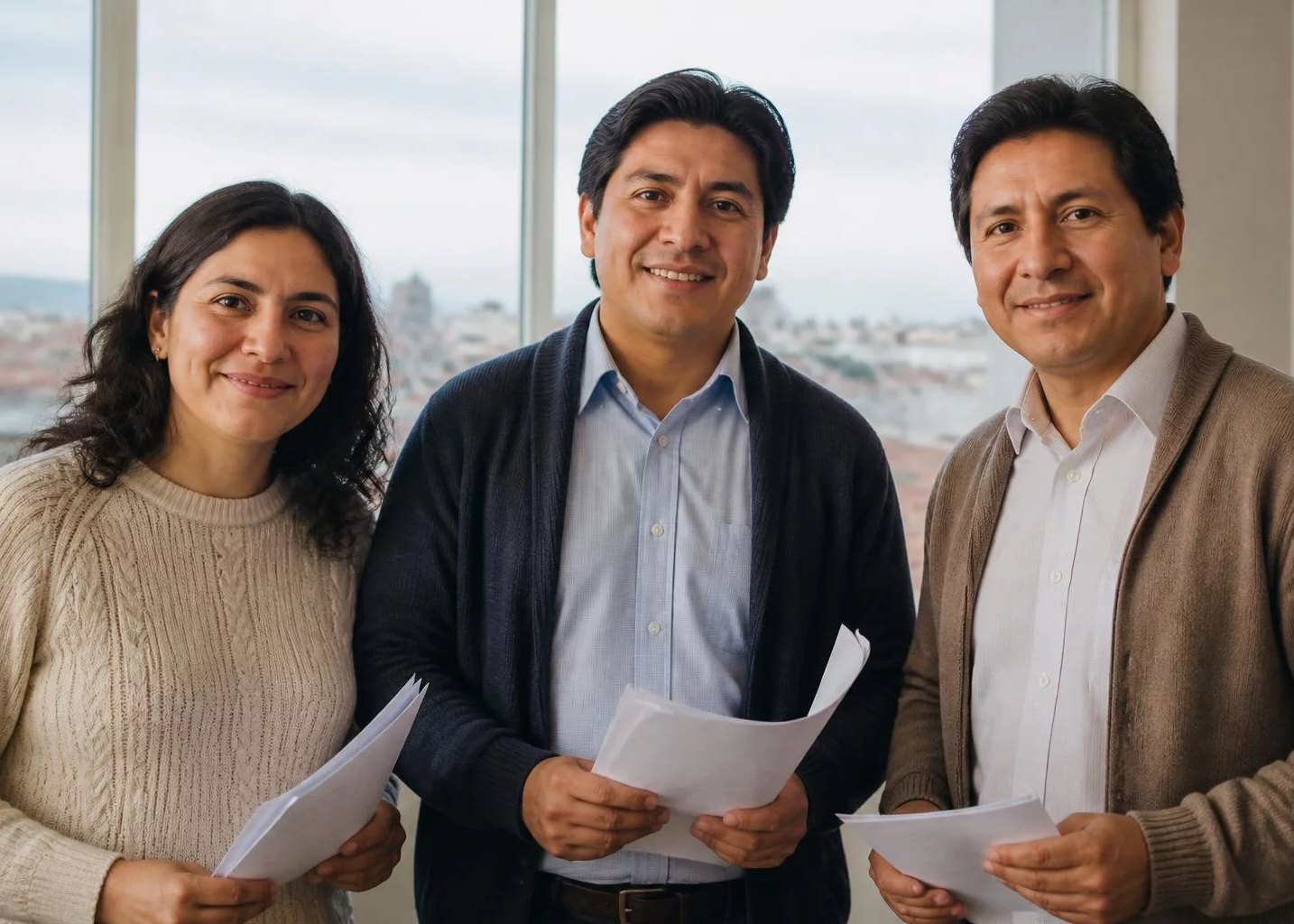 Tres adultos sonriendo al terminar una ronda, con las hojas en la mano