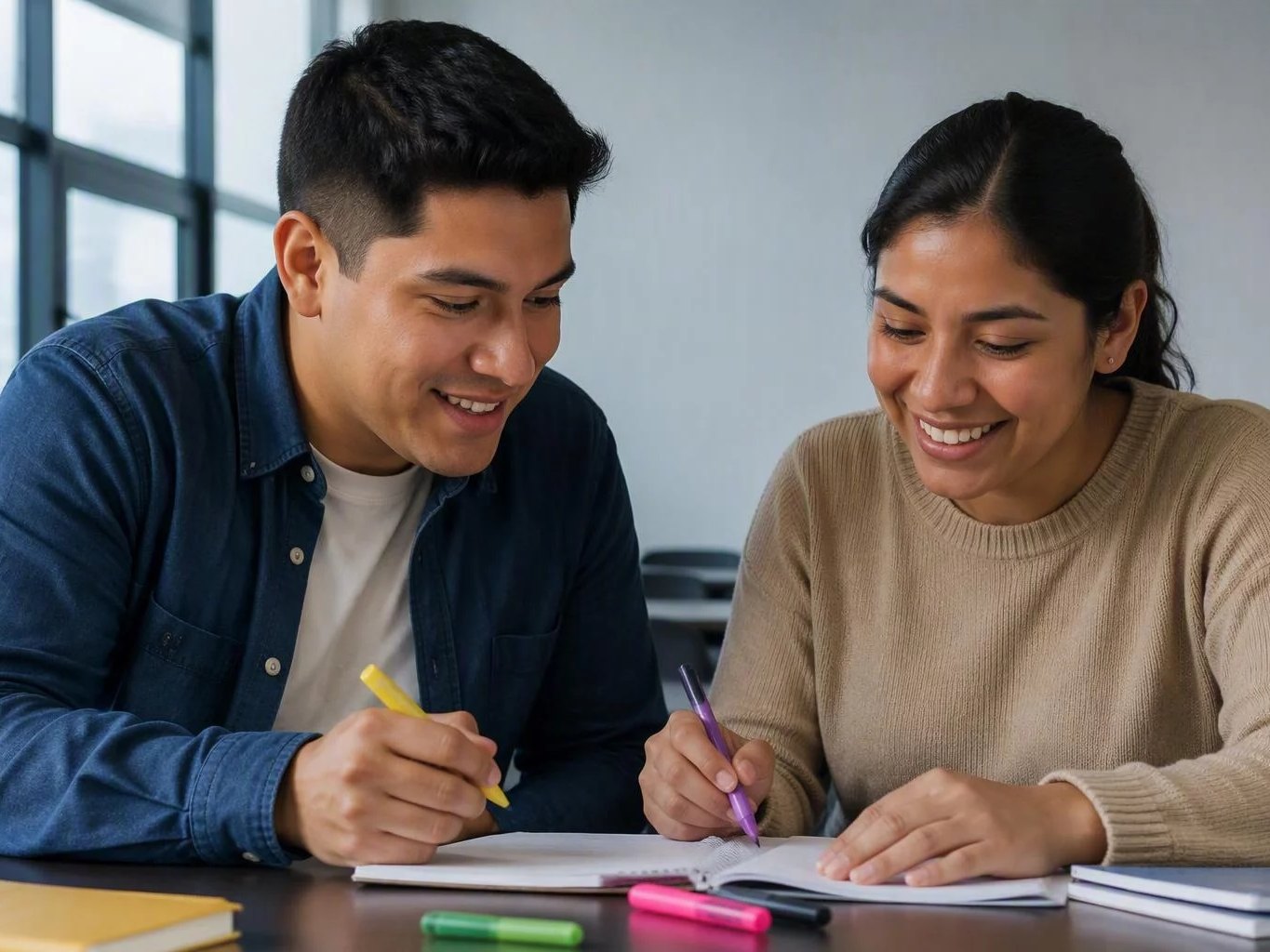 Dos personas preparando la ronda con cuadernos y plumones de colores