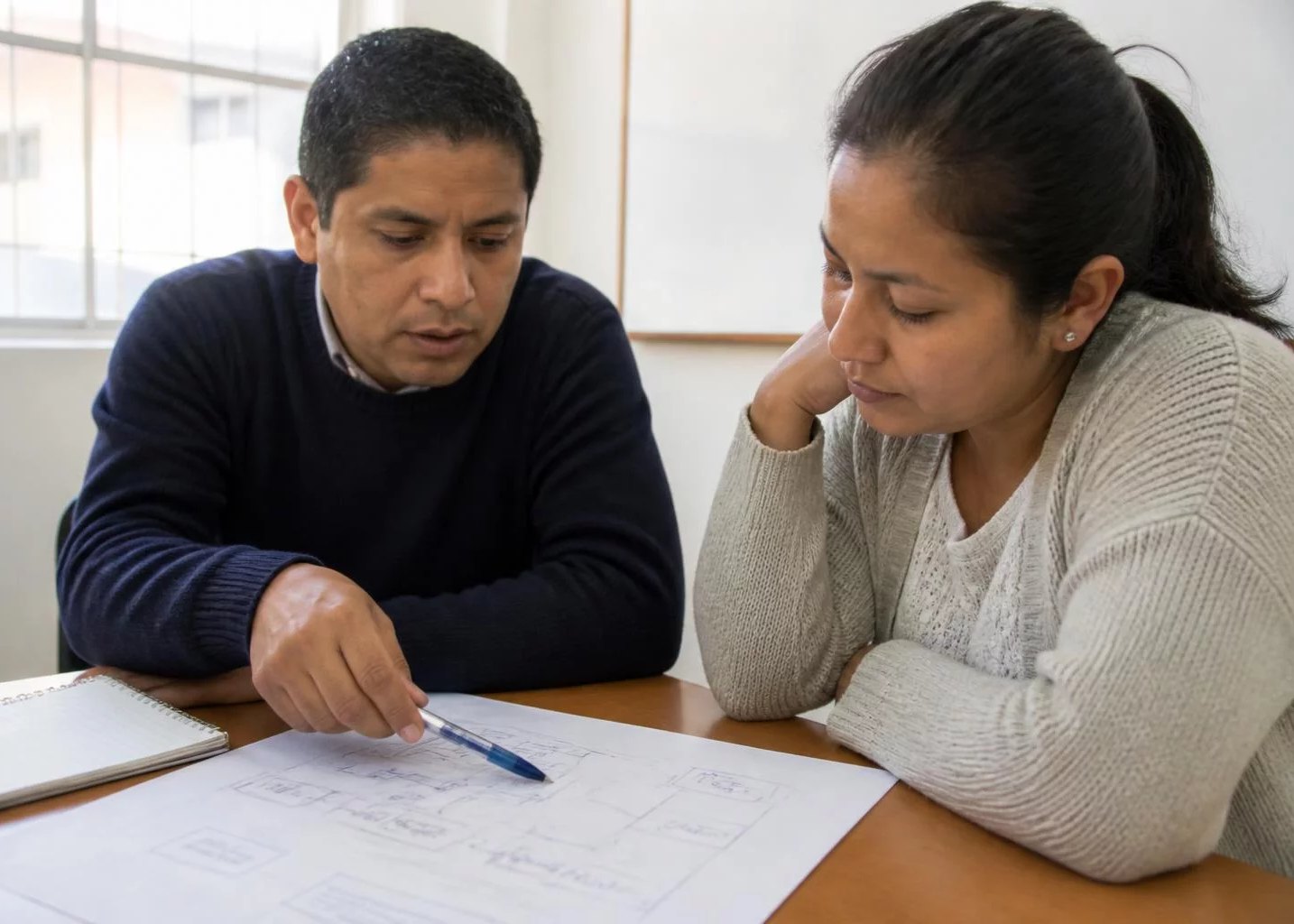 Vista cenital de un escritorio con un diagrama de lógica trazado a mano y un lapicero