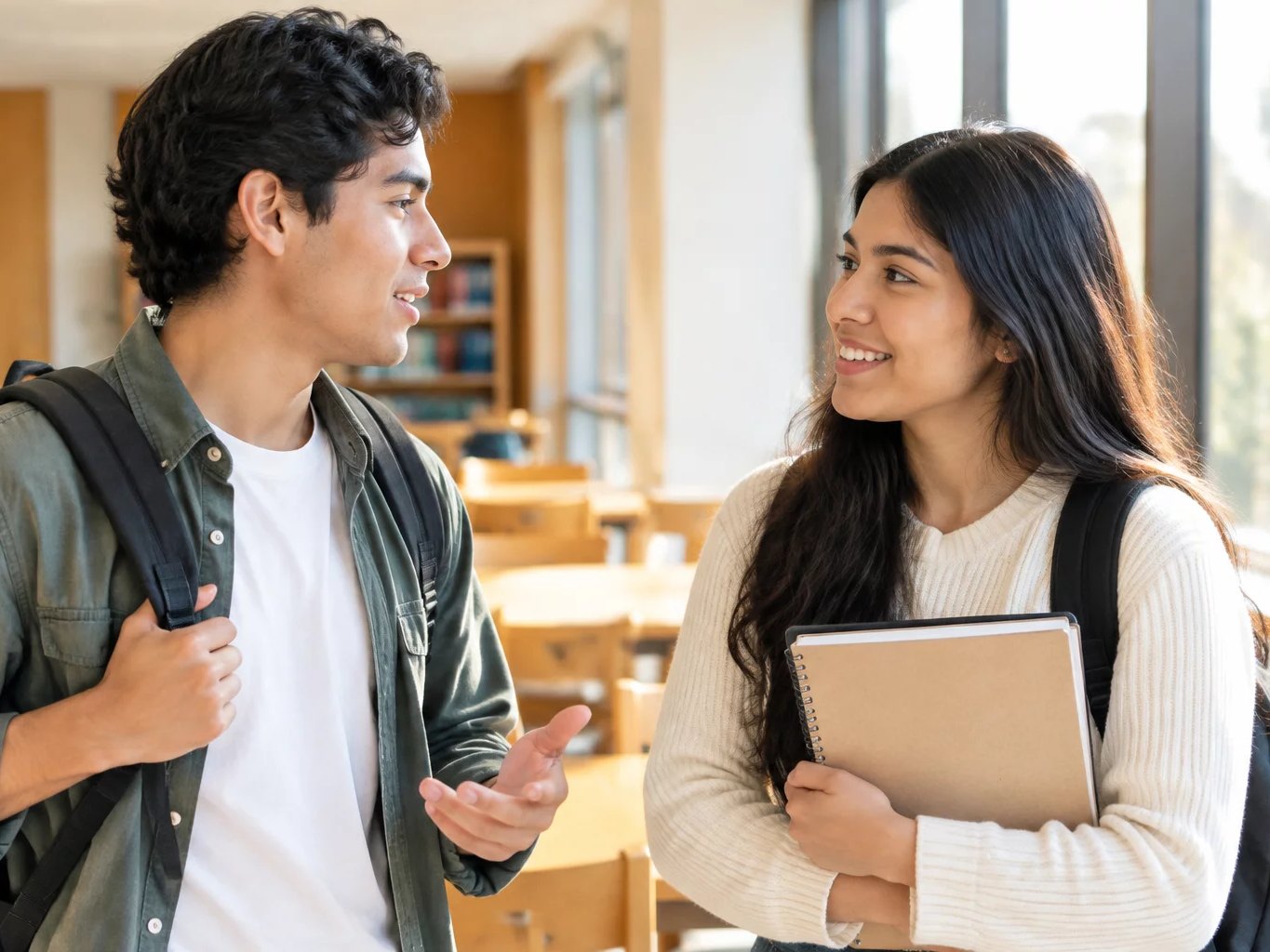 Dos estudiantes con mochila conversando en un pasillo universitario